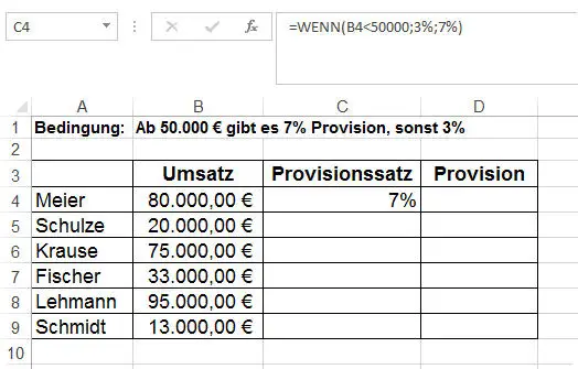 Beispielaufgabe für eine einfache Wenn-Dann-Sonst Funktion Berechnung des Provisionssatzes, erledigt für die erste Zelle Beispielaufgabe für eine einfache Wenn-Dann-Sonst Funktion Berechnung des Provisionssatzes