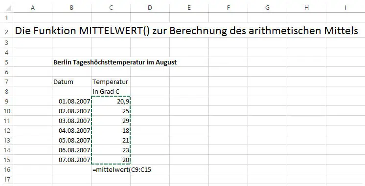Beispiel Mittelwert mit den Tageshösttemperaturen in Berlin über die Funktion MITTELWERT Beispiel Mittelwert mit den Tageshösttemperaturen in Berlin über die Funktion MITTELWERT
